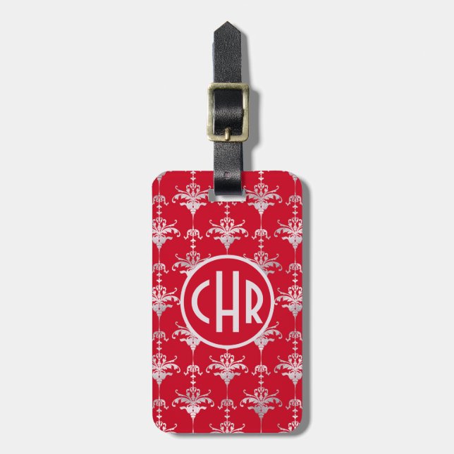 Elegant Red and White Damask Monogram Bagagebricka (Vertikal Framsida)