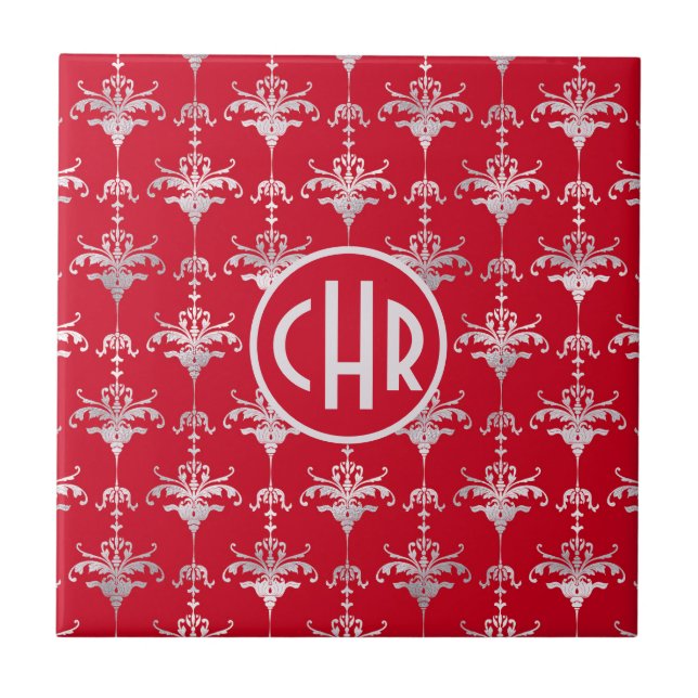 Elegant Red and White Damask Monogram Kakelplatta (Framsidan)