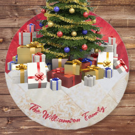 Elegant Red and White Patchwork Mönster jul Julgransmatta Borstad Polyester