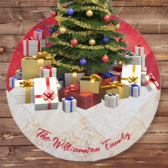 Elegant Red and White Patchwork Mönster jul Julgransmatta Borstad Polyester (Skapare uppladdad)