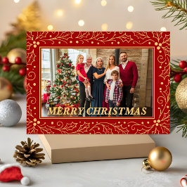 Elegant Red & Antique-Gold Family Christmas Photo Julkort
