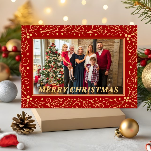Elegant Red & Antique-Gold Family Christmas Photo Julkort (Skapare uppladdad)
