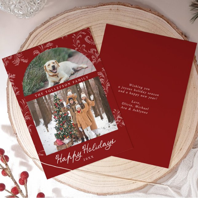 Elegant Red Arch Family Photo Christmas Julkort (Elegant red and white vintage arch photo Christmas Cards with room for pet photo and message on back)