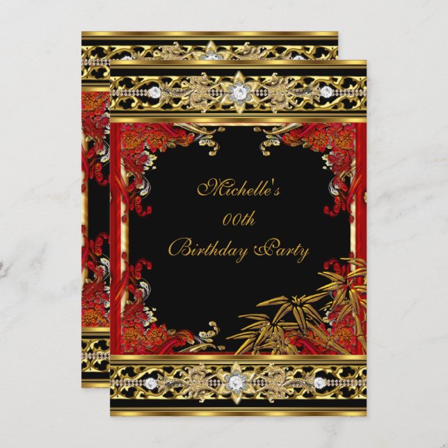 Elegant Red Asian Guld Bamboo Födelsedagsfest Inbjudningar (Fram/baksida)