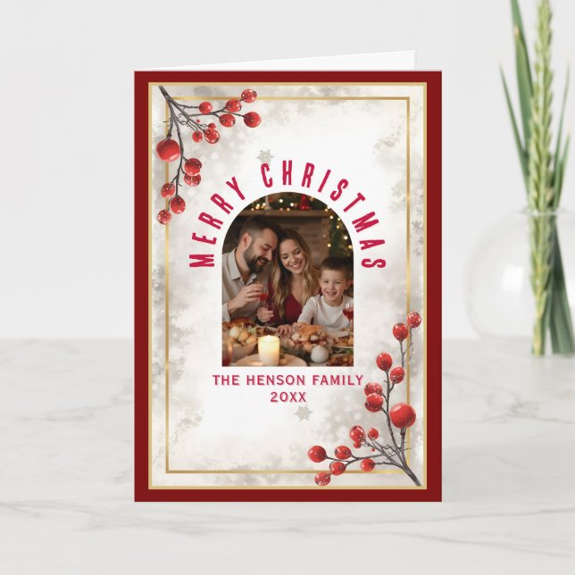 Elegant Red Berries Family Photo Christmas Holiday Helgkort (Framsida)