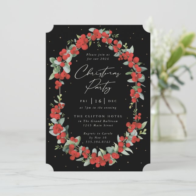 Elegant Red Berry + Eucalyptus jul Party Inbjudningar (Stående Fram)