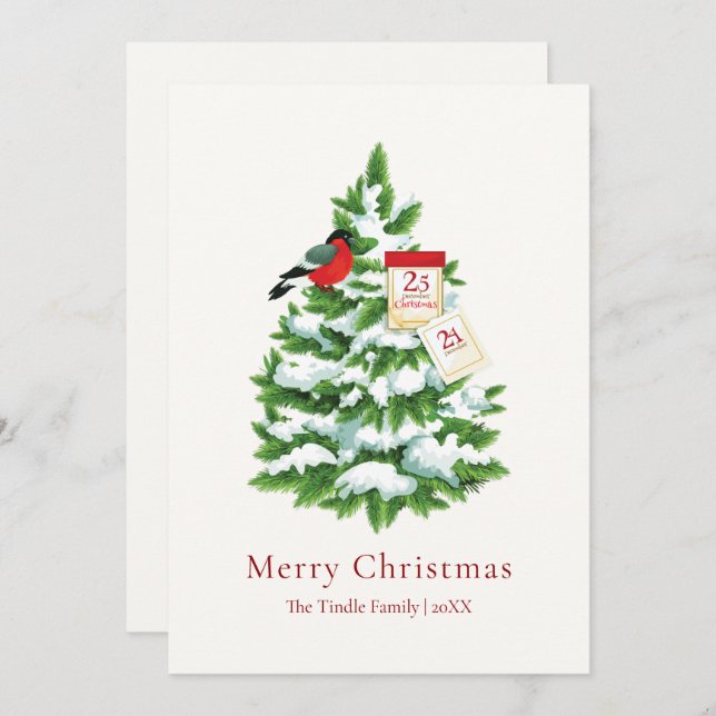 Elegant Red Bird Script Watercolor Christmas Tree Julkort (Fram/baksida)