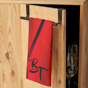Elegant Red Black Abstract Design Initialer Kökshandduk