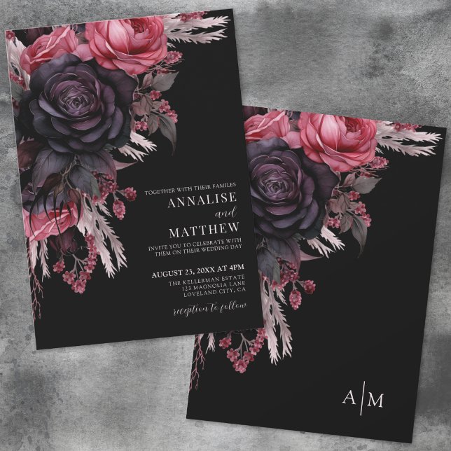 Elegant Red Black Blommigt Bröllop Inbjudningar (Elegant Red Black Floral Wedding Invitation)