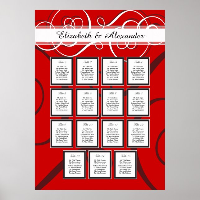 Elegant Red Black Bröllop 15 Bord Sittdiagram Poster (Framsidan)