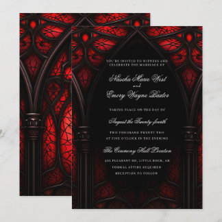 Elegant Red & Black Cathedral Gothic Bröllop Inbjudningar