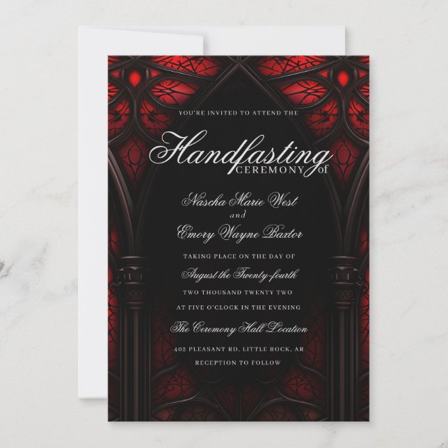 Elegant Red & Black Cathedral Gothic Handfastare Inbjudningar (Framsida)