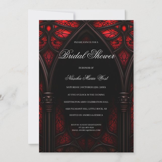 Elegant Red & Black Cathedral Gothic Möhippa Inbjudningar (Framsida)