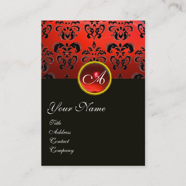 ELEGANT RED BLACK DAMASK RUBY GEMSTONE MONOGRAM VISITKORT (Framsida)