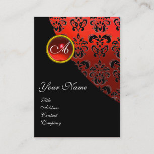 ELEGANT RED BLACK DAMASK RUBY GEMSTONE MONOGRAM VISITKORT