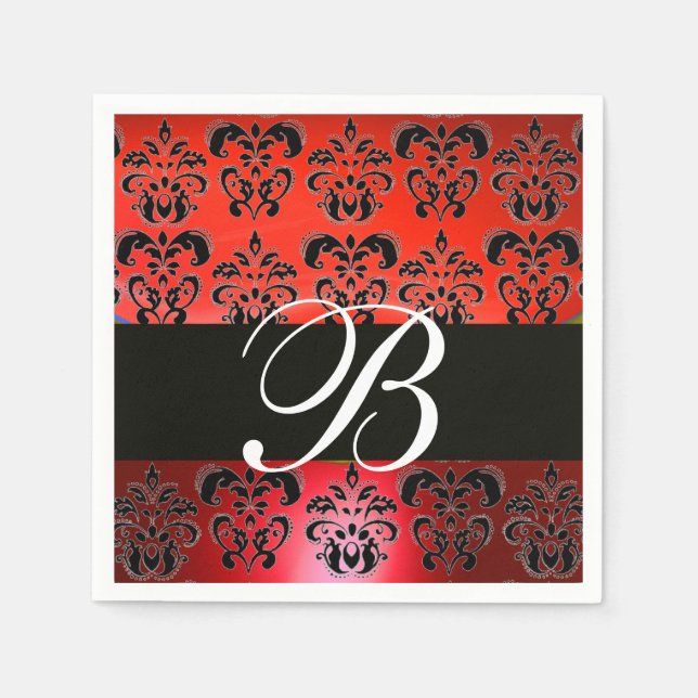 ELEGANT RED BLACK DAMASK WEDDING MONOGRAM PAPPERSSERVETT (Framsidan)