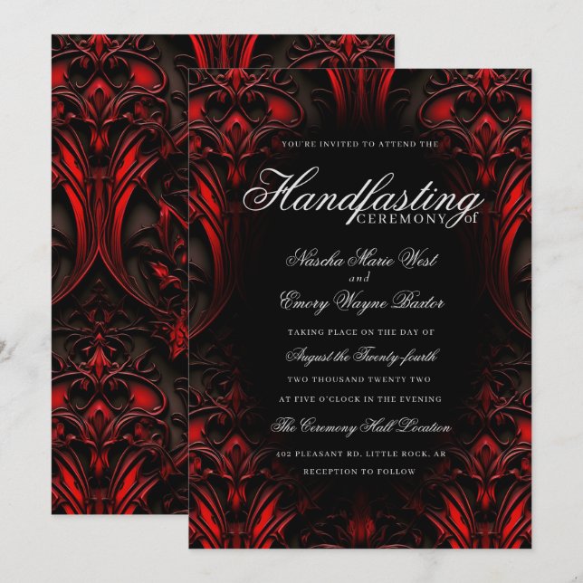 Elegant Red & Black Gothic Damask Handfastsättning Inbjudningar (Fram/baksida)
