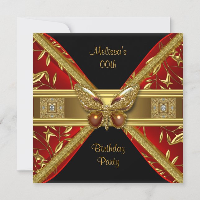 Elegant Red Black Guld Butterfly Image Party Inbjudningar (Framsida)