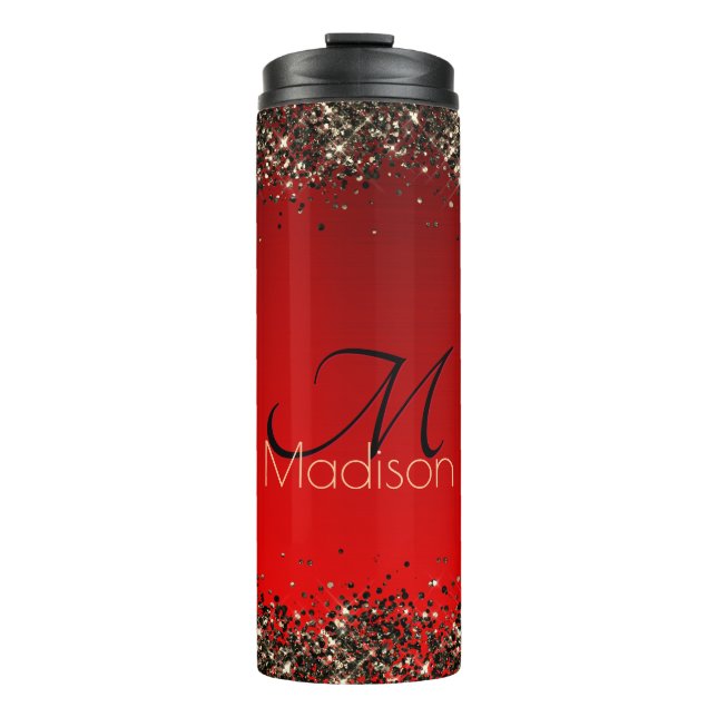 Elegant Red Black guld glitter monogram (Framsida)