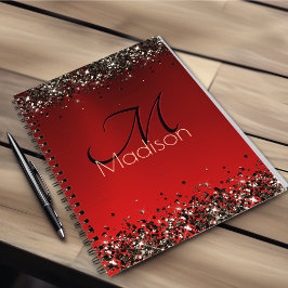 Elegant Red Black guld glitter monogram Anteckningsbok