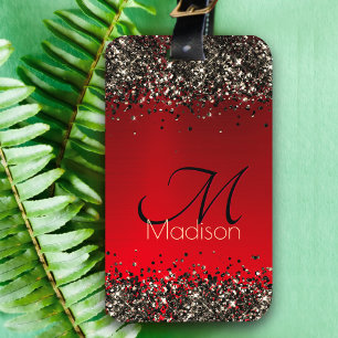 Elegant Red Black guld glitter monogram Bagagebricka