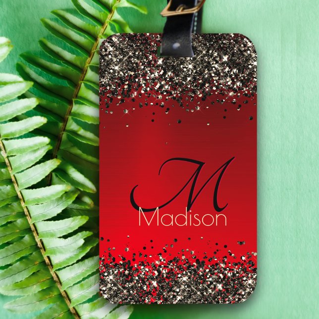 Elegant Red Black guld glitter monogram Bagagebricka (Skapare uppladdad)