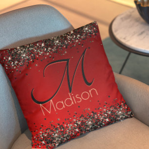 Elegant Red Black guld glitter monogram Kudde