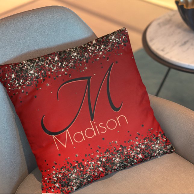 Elegant Red Black guld glitter monogram Kudde (Skapare uppladdad)