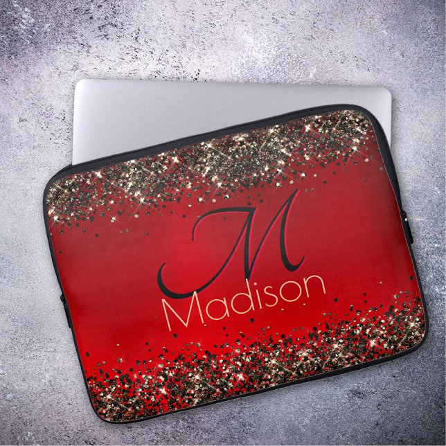 Elegant Red Black guld glitter monogram Laptop Fodral (Skapare uppladdad)