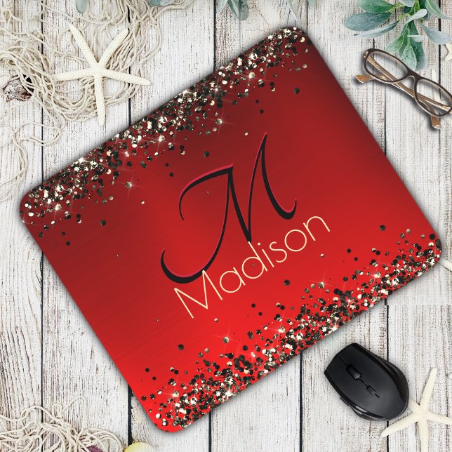 Elegant Red Black guld glitter monogram Musmatta (Skapare uppladdad)