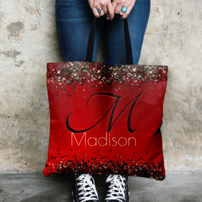 Elegant Red Black guld glitter monogram Tygkasse (Skapare uppladdad)