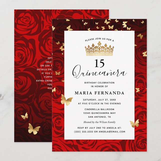 Elegant Red Black Guld Krona Blommigt Quinceanera Inbjudningar (Fram/baksida)
