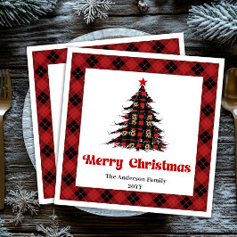 Elegant Red Black Plaid Tree Napkin Editable Pappersservett