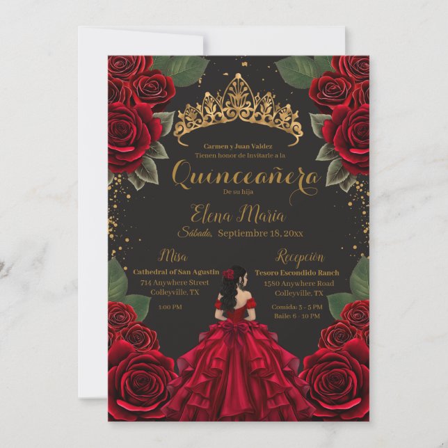 Elegant Red Black Quinceañera Ro Guld Glitter Inbjudningar (Framsida)