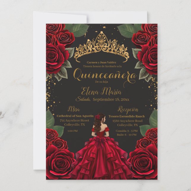 Elegant Red Black Quinceañera Ro Guld Glitter Inbjudningar (Framsida)