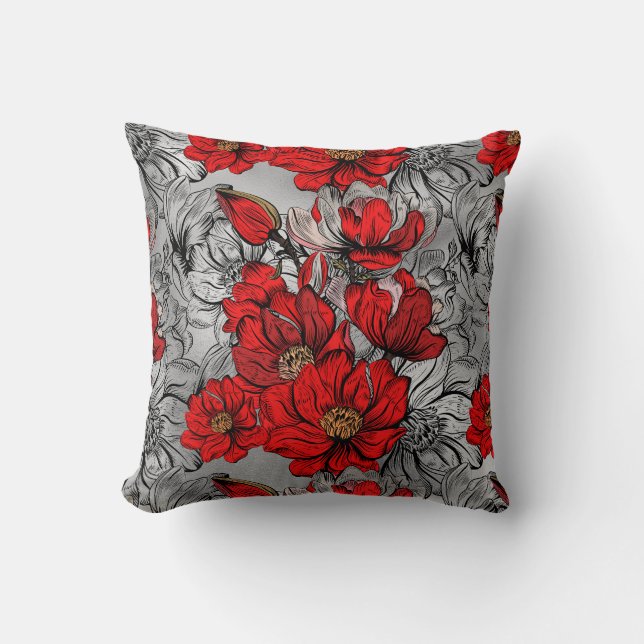 Elegant Red Black Ro Flower mönster Silver Kudde (Framsida)