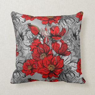Elegant Red Black Ro Flower mönster Silver Kudde