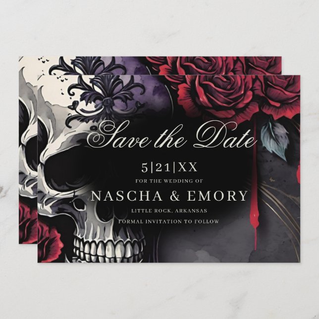 Elegant Red & Black Skull Ro Gothic Bröllop Spara Datumet (Fram/baksida)