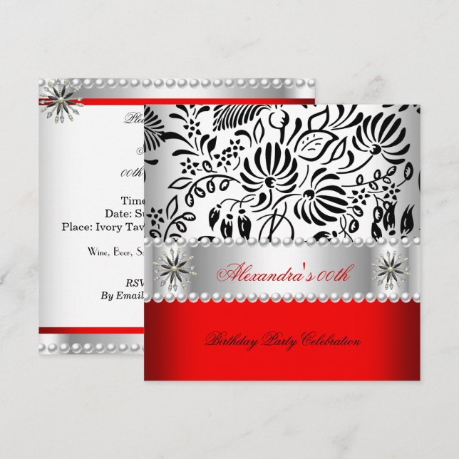 Elegant Red Black White Damask Pearl Party Inbjudningar (Fram/baksida)