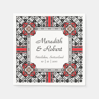 Elegant Red, Black, White Folk Damask Wedding Pappersservett