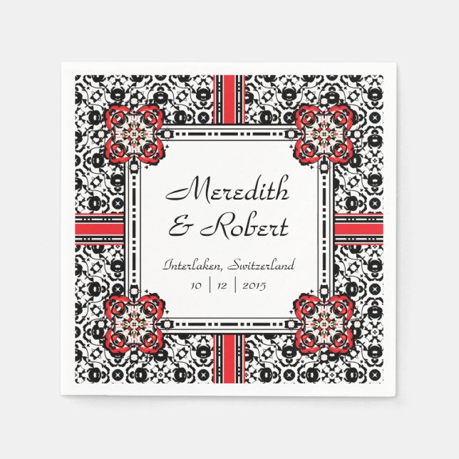 Elegant Red, Black, White Folk Damask Wedding Pappersservett (Framsidan)