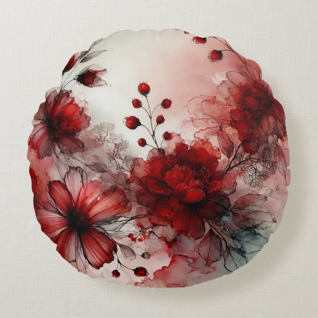 Elegant Red-Blommar: En serene Abstract-design Rund Kudde (Framsidan)