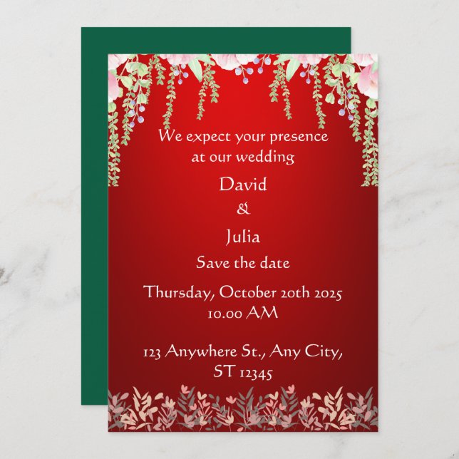 Elegant Red Blommigt Art Deco Design Bröllop Inbjudningar (Fram/baksida)