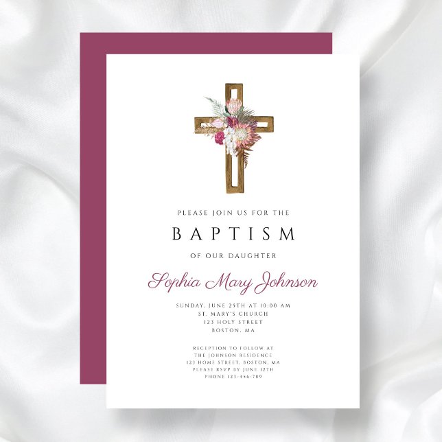 Elegant Red Blommigt Boho Kor Baptism Inbjudningar (Elegant Red Floral Boho Cross Baptism Invitation)