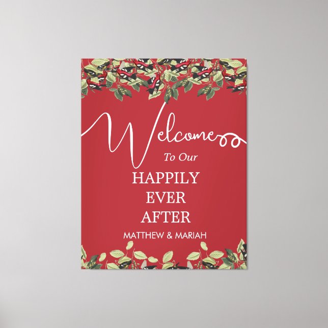 Elegant Red Blommigt Calligraphy Bröllop Välkommen Canvastryck (Framsida)