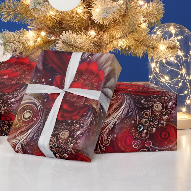 Elegant Red Blommigt Golden Feathers Beathers Presentpapper (Helgdagar)