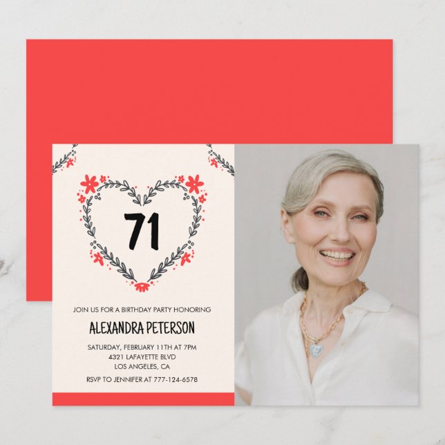 Elegant Red Blommigt Heart för hennes 71-årsdag Inbjudningar (Fram/baksida)