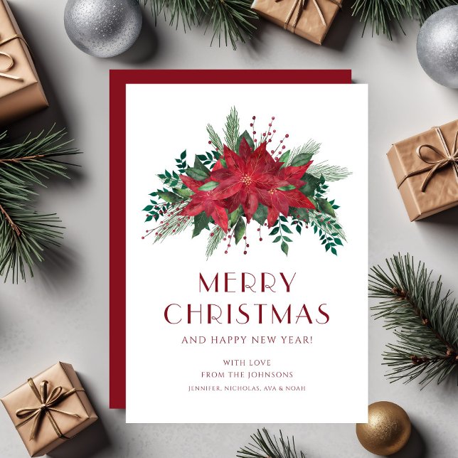 Elegant Red Blommigt Poinsettia God jul Julkort (Elegant Red Floral Poinsettia Merry Christmas Holiday Card)