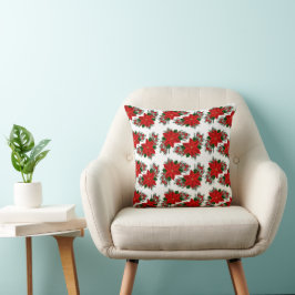 Elegant Red Blommigt Poinsettia Gräs Greenery Löv Kudde