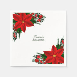 Elegant Red Blommigt Poinsettia Gräs Greenery Löv Pappersservett